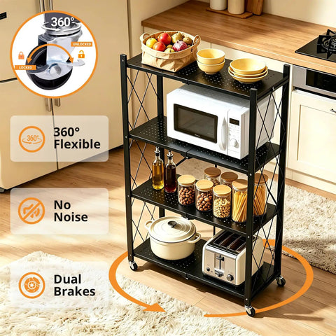Heavy Duty 4 Tier Foldable Storage Shelf, Massive Rolling Wire Rack With Pivoting Casters, Dead Simple Tool Free Assembly, Total Game Changer Cube Organizer For Kitchen Pantry Garage Or Home Office, Black, featuring flexible 360° casters and organized kitchen items.