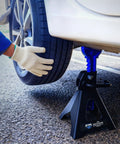 3 Ton Double Locking Car Jack Stands Heavy Duty Lift Supports Adjustable 11.2 To 16.8 Inches 6000 LB Capacity installed under SUV