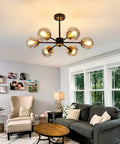 Lit Six Light Black Glass Globe Chandelier For Living Room And Kitchen Island, Large Ceiling Pendant Lighting Fixture in living room