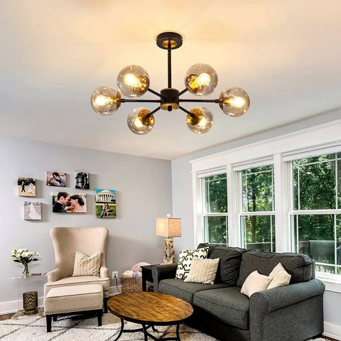 Lit Six Light Black Glass Globe Chandelier For Living Room And Kitchen Island, Large Ceiling Pendant Lighting Fixture in living room