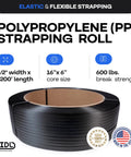 Top Shelf Half Inch By Seventy Two Hundred Foot Polypropylene Strapping Roll Hella Flexible And Tough for pallet wrapping, embossed black, 600lb strength.