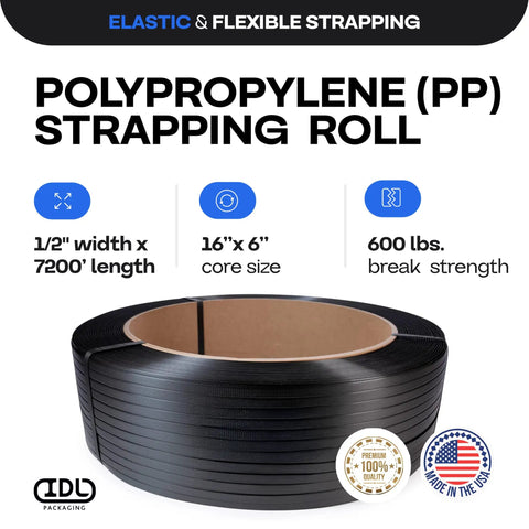 Top Shelf Half Inch By Seventy Two Hundred Foot Polypropylene Strapping Roll Hella Flexible And Tough for pallet wrapping, embossed black, 600lb strength.