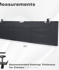60 Inch Clamp-On Privacy Desk Skirt With Cable Management Sleeve And Wire Hider Kit, black desk skirt, measurement details