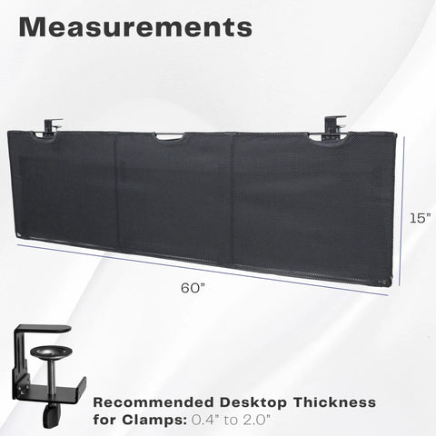 60 Inch Clamp-On Privacy Desk Skirt With Cable Management Sleeve And Wire Hider Kit, black desk skirt, measurement details