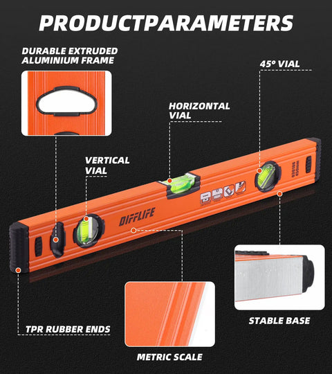Heavy Duty Boss Level 18 Inch Torpedo Level With Reinforced Aluminum Body And Bright Green Bubble Vials for DIY projects, showing vials and TPR rubber ends.
