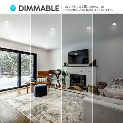 Sleek 5 And 6 Inch Gimbal LED Recessed Can Lights 16 Pack Switchable Color Temperatures 2700K To 5000K 11W Equals 90W Equivalent Super Bright ceiling fixtures installed in modern living room.