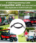 Six Foot Usb Programming Cable Icon Ev Golf Cart Wiring Harness Plug And Play Diagnostic Adapter Works Like A Charm With 2022 To 2024 Electric Carts Fast Straight Hookup No Hassle Sweet Rig Upgrade, shown with golf carts.