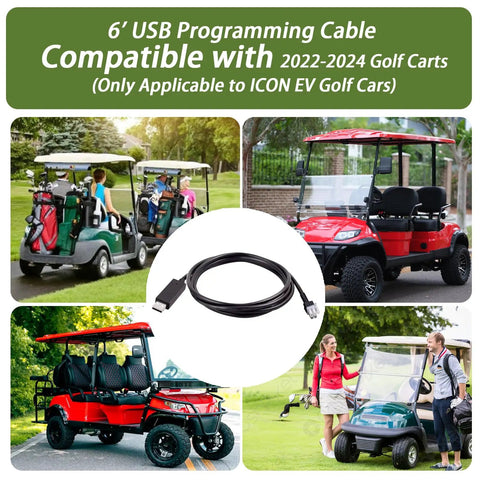 Six Foot Usb Programming Cable Icon Ev Golf Cart Wiring Harness Plug And Play Diagnostic Adapter Works Like A Charm With 2022 To 2024 Electric Carts Fast Straight Hookup No Hassle Sweet Rig Upgrade, shown with golf carts.