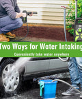 Electric Pressure Washer 2800 Max PSI 2.4 GPM with telescopic handle used for car and garden cleaning with water intake options.