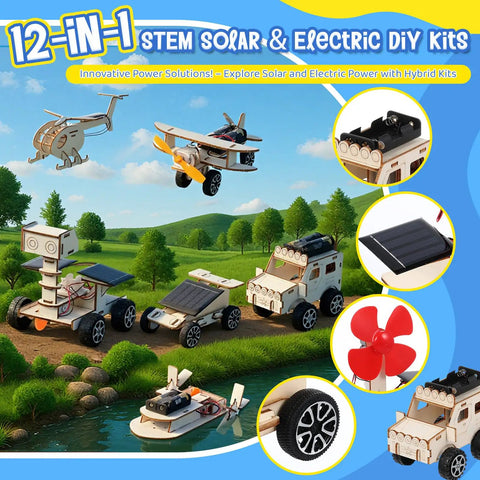 Twelve Sets STEM Kits For Kids Hands On Solar Car Projects Wood Building Mechanical Models Electrical Experiments And DIY Educational Crafts For Beginners Spark Curiosity STEM Learning Gifts, solar and electric kit images