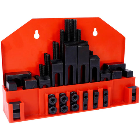 Clamping Kit T Slot 58 Piece Machinist Set Real Heavy Duty Heat Treated Tool Steel For Milling And Workholding Table Slot Seven Sixteenths Inch Size And Three Eighths Sixteen Stud Size Quick Setup red storage rack with clamp blocks and studs