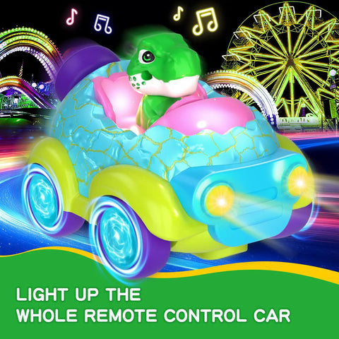 Dinosaur Themed Toddler Remote Control Car With Lights And Music Rechargeable RC Vehicle For Ages 2 3 4 with dinosaur figures.