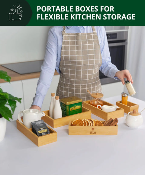 Premium Five Piece Bamboo Drawer Organizer Set Featuring Versatile Storage Trays For Kitchen Bedroom And Office Transform Junk Drawers Instantly with assorted kitchen items.