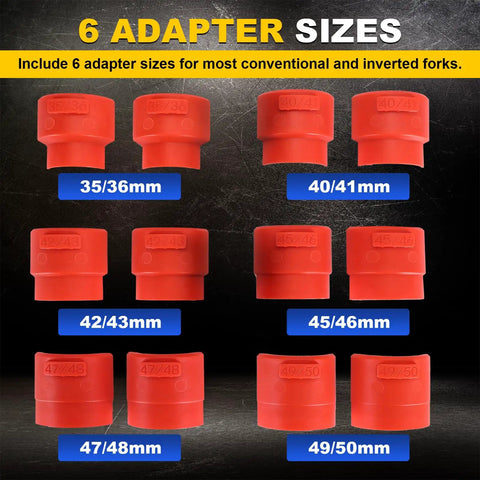 14 Piece Universal Fork Seal Driver Tool Kit for Motorcycle Front Forks 35mm to 50mm, six red adapter sizes displayed