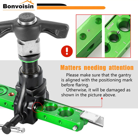Tough As Nails Ratchet Flaring Tool Kit with positioning marks for copper and aluminum piping, emphasizing proper alignment.