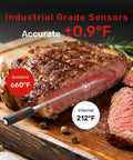 WiFi Bluetooth Smart Meat Thermometer With AI Cooking Assistant And App Control inserted in cooked steak showing temperature