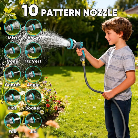 Child using Heavy Duty Kink Free Auto Rewind Garden Hose Reel Half Inch, 160 Feet with 10 pattern nozzle in garden setting