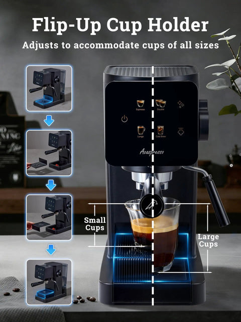 Badass Home Espresso Maker With Slick Touchscreen Interface And 20 Bar Pump Pulls Knockout Shots For Smooth Lattes Or Quick Cold Brew Featuring Full Milk Frothing Setup With Generous 41oz Water Tank with adjustable flip-up cup holder for different cup sizes.