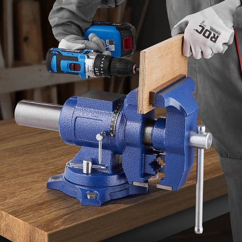 Heavy Duty Bench Vise With 6.5 Inch Jaw Width And 5 Inch Opening, Beefy Multi Purpose Ductile Iron Vise With Anvil And 360 Degree Swivel Base, Built For Tough Jobs With 5620 Lbs Clamp Force holding wood plank securely
