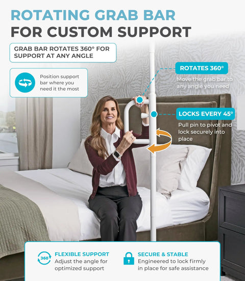 Tension Mounted Floor To Ceiling Transfer Pole With A Swivel Grab Bar And Rock Solid Grip For Bathroom Safety Senior Assist And No Sweat Daily Mobility Support In White, woman using rotating grab bar for support.