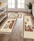 Vintage Coffee Kitchen Floor Mats Rustic Brew Station Rugs Soft Cushioned Washable Comfort Non Slip Anti Fatigue 3 Piece Set for sink and laundry shown in a kitchen.