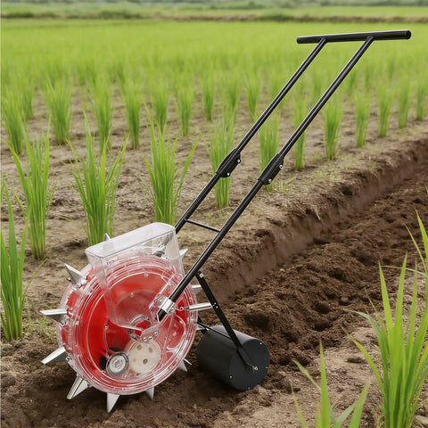 Manual Hand Push Seeder With Wheel For Easy Row Planting, Stainless Steel Duckbill And Seed Box For Fast Seeding In Field