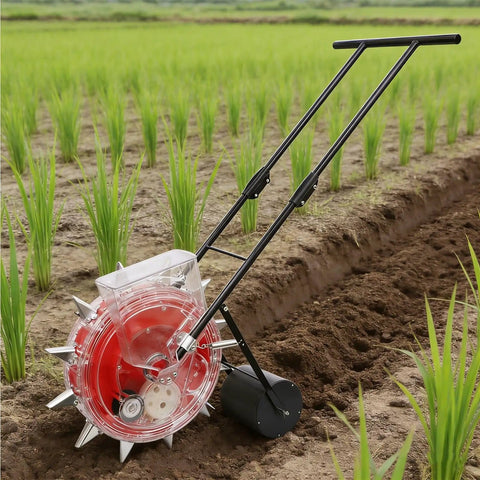 Manual Hand Push Garden Seeder With Wheel For Easy No Bend Planting Saves Time And Effort Stainless Steel Duckbill Seed Box 10 Nozzles