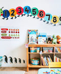 Colorful numbers and caterpillar decor in classroom setting, unrelated to Multiplication Chart Posters For Classroom Black And White Bulletin Board Paper Cutouts 1 To 12 Numbers Skip Counting For Back To School And Home Learning Includes Glue Points And Large Cutouts.