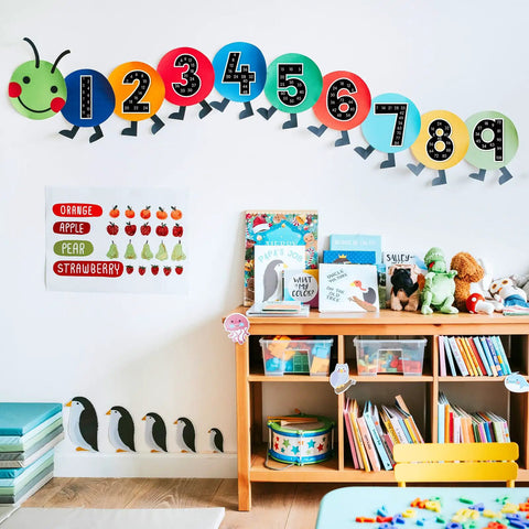 Colorful numbers and caterpillar decor in classroom setting, unrelated to Multiplication Chart Posters For Classroom Black And White Bulletin Board Paper Cutouts 1 To 12 Numbers Skip Counting For Back To School And Home Learning Includes Glue Points And Large Cutouts.