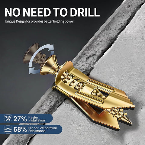 Drywall Self-Drilling Anchors And Screws Kit, 100 Pieces Including 50 Sheetrock Anchors (0.47x1.18 Inch) And 50 Zinc Screws, No Drilling Required, Quick Easy Installation In Drywall, Durable Steel Anchors, Comes With Storage Box shown against a wall