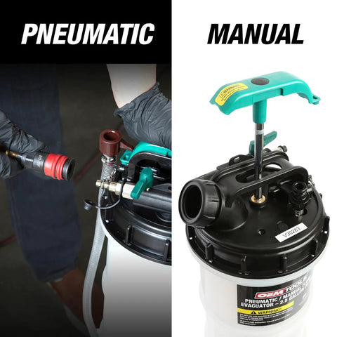 Dual Mode Garage-Grade Fluid Extractor Pump 1.5 Gallon in pneumatic and manual operation modes with 5-ft hose and adapters