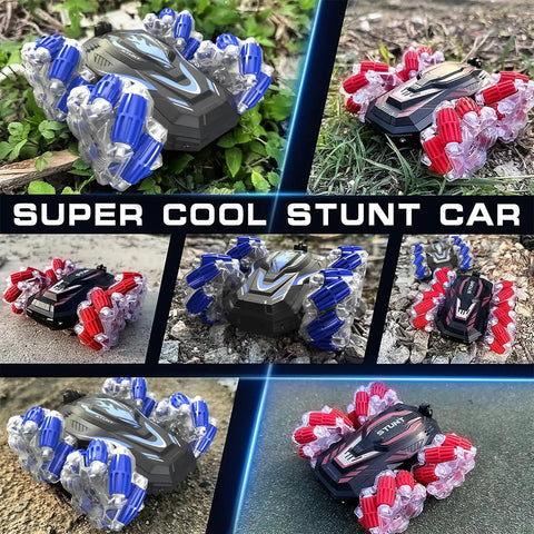 Dope Gesture Sensing RC Stunt Car With Lights And Music on grass, showing dual-sided colorful wheels and sleek design.