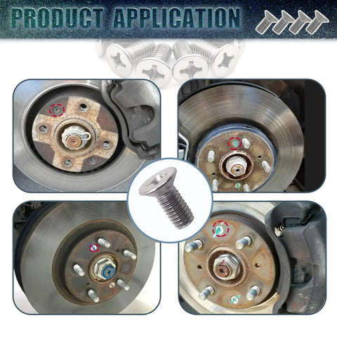 8 Piece Stainless Steel Retaining Screws For Front Rear Brake Disc Rotors, Rust Proof Auto Hardware, Hella Tough Garage Essential, Easy Peasy Replacement Part Compatible With Acura Honda Kia Hyundai shown in brake rotor applications.