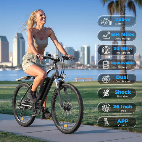 Woman riding Powerful 750W Electric Bike For Adults, City Cruiser With 20 MPH Top Speed, 60 Plus Mile Range in park.