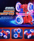 Rechargeable RC Car For Kids With 360 Flips 4WD Stunt Vehicle LED Lights performing stunts on pavement, vibrant detailing.