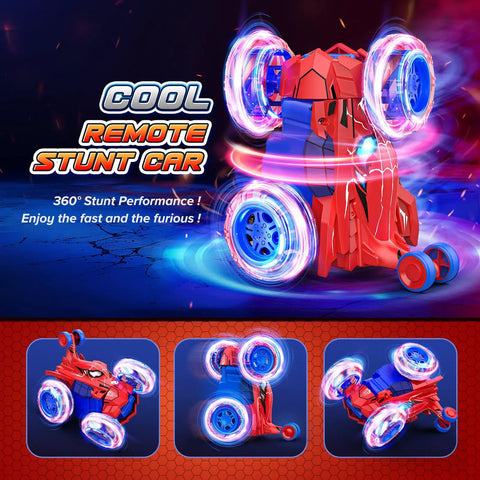 Rechargeable RC Car For Kids With 360 Flips 4WD Stunt Vehicle LED Lights performing stunts on pavement, vibrant detailing.