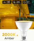 Amber Outdoor Bug Light Bulbs PAR38 LED Flood Light 2 Pack, E26 Base, 2000K Warm Yellow shown with porch lighting