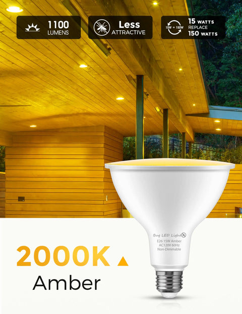 Amber Outdoor Bug Light Bulbs PAR38 LED Flood Light 2 Pack, E26 Base, 2000K Warm Yellow shown with porch lighting