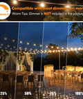 Outdoor patio with 2-Pack 96Ft Outdoor String Lights for Patio, dimmable 2700K LED, showcasing different light intensity levels.