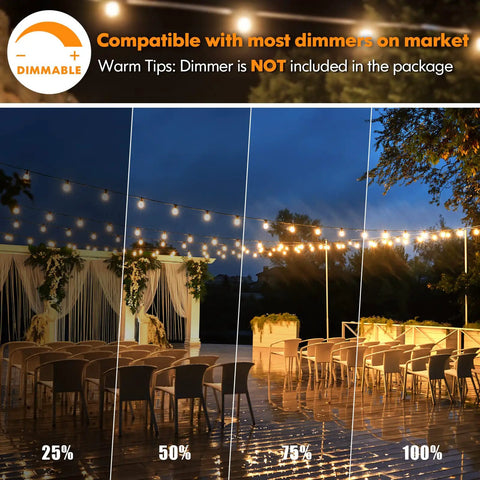 Outdoor patio with 2-Pack 96Ft Outdoor String Lights for Patio, dimmable 2700K LED, showcasing different light intensity levels.