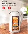 1.7L Large Kettle With Temperature Control And LED Screen on counter, showing 1500W heating element with clear body and handle