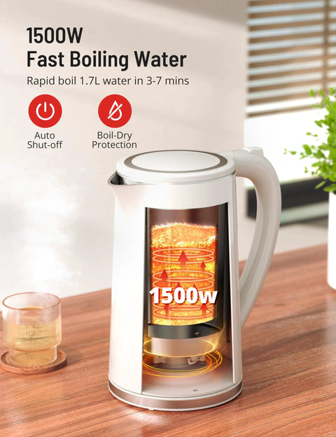 1.7L Large Kettle With Temperature Control And LED Screen on counter, showing 1500W heating element with clear body and handle