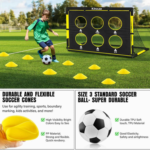Child playing with Two 6x4 Ft Portable Soccer Goals For Backyard Play With Detachable Scoring Target, Ball And Pump Included