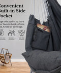 Grey Macrame Hammock Chair With Cushions For Indoor And Outdoor Use, Large 60 By 47 Inch Hanging Rope Swing with side pocket