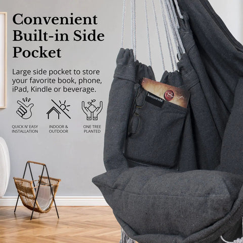 Grey Macrame Hammock Chair With Cushions For Indoor And Outdoor Use, Large 60 By 47 Inch Hanging Rope Swing with side pocket