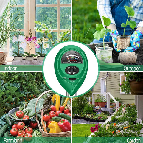 3 In 1 Soil Moisture Meter And pH Tester With Light Sensor for garden, farm, lawn, indoor and outdoor use, shown in various settings