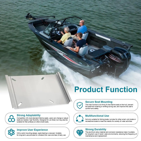 Jon Boat Seat Mount Plate SP15100 For Attwood Swivl Eze Accessories Bench Style Aluminum Swivel Seat Base Bracket For Replacement And Mounting On Small Boats, showing product features diagram with boating scene.