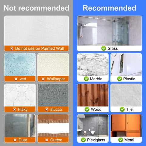Compatible surfaces and not recommended surfaces for use with 8 Piece Broom And Mop Wall Mount Kit With Self Adhesive No Drill Anti Slip Organizer For Home Kitchen Bathroom Garage Garden Waterproof Easy Install Peel And Stick For Quick Tool Storage.