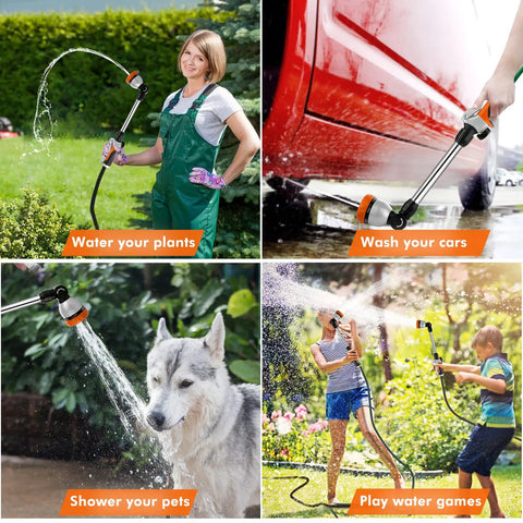 Collage showing Bombproof Heavy Duty Metal Watering Wand With 16 Inch Hose Nozzle Sprayer used for plants, cars, pets, and games.