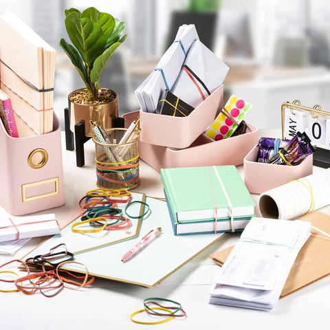 Office desk with supplies including dark green rubber bands size 33 3 1/2 in by 1/8 in 100 pack strong elastic bands.